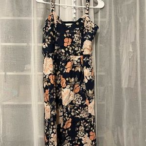 Linen Navy floral midi dress